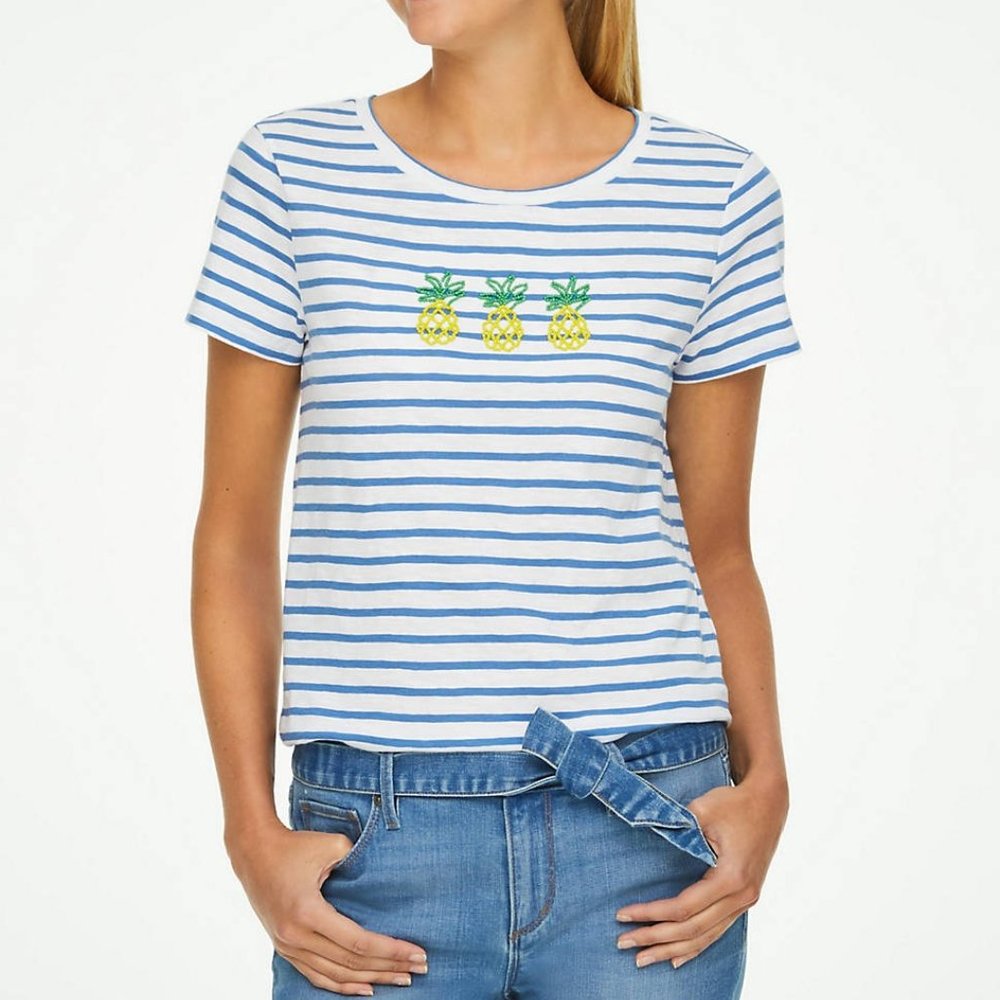 Loft Blue Stripe Beaded Pineapple Tee